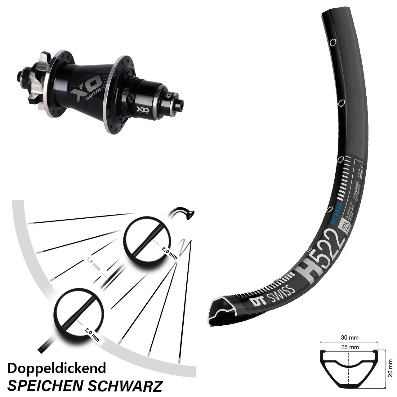 Dt-swiss 27,5 Zoll MTB-Hinterrad Sram X0 Nabe 135/142 XD DT Swiss H 522 6-Loch 3 Dt-swiss 27,5 Zoll MTB-Hinterrad Sram X0 Nabe 135/142 XD DT Swiss H 522 6-Loch
