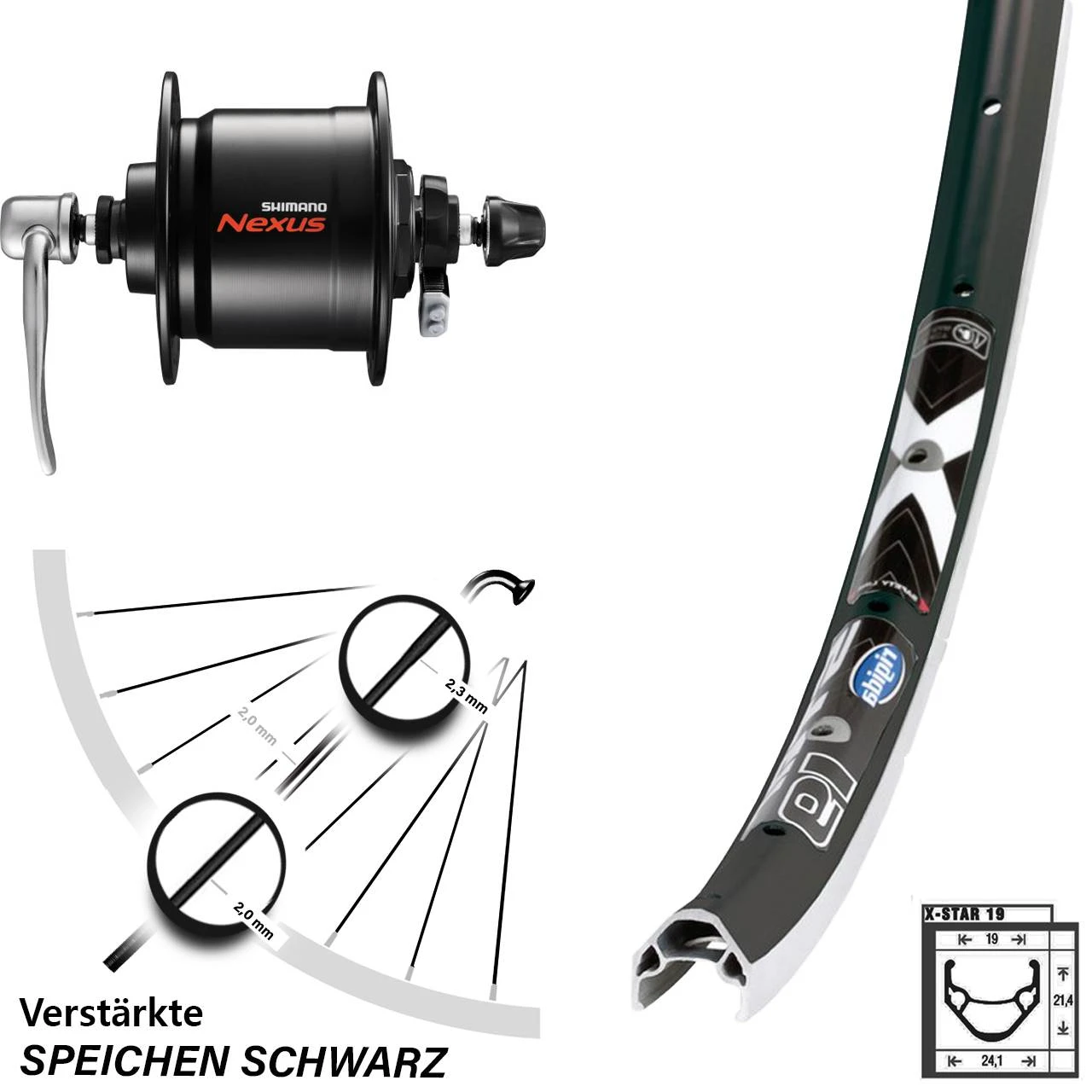 24 Zoll Shimano Nabendynamolaufrad Ryde X-Star 19 Schwarz 3 24 Zoll Shimano Nabendynamolaufrad Ryde X-Star 19 Schwarz