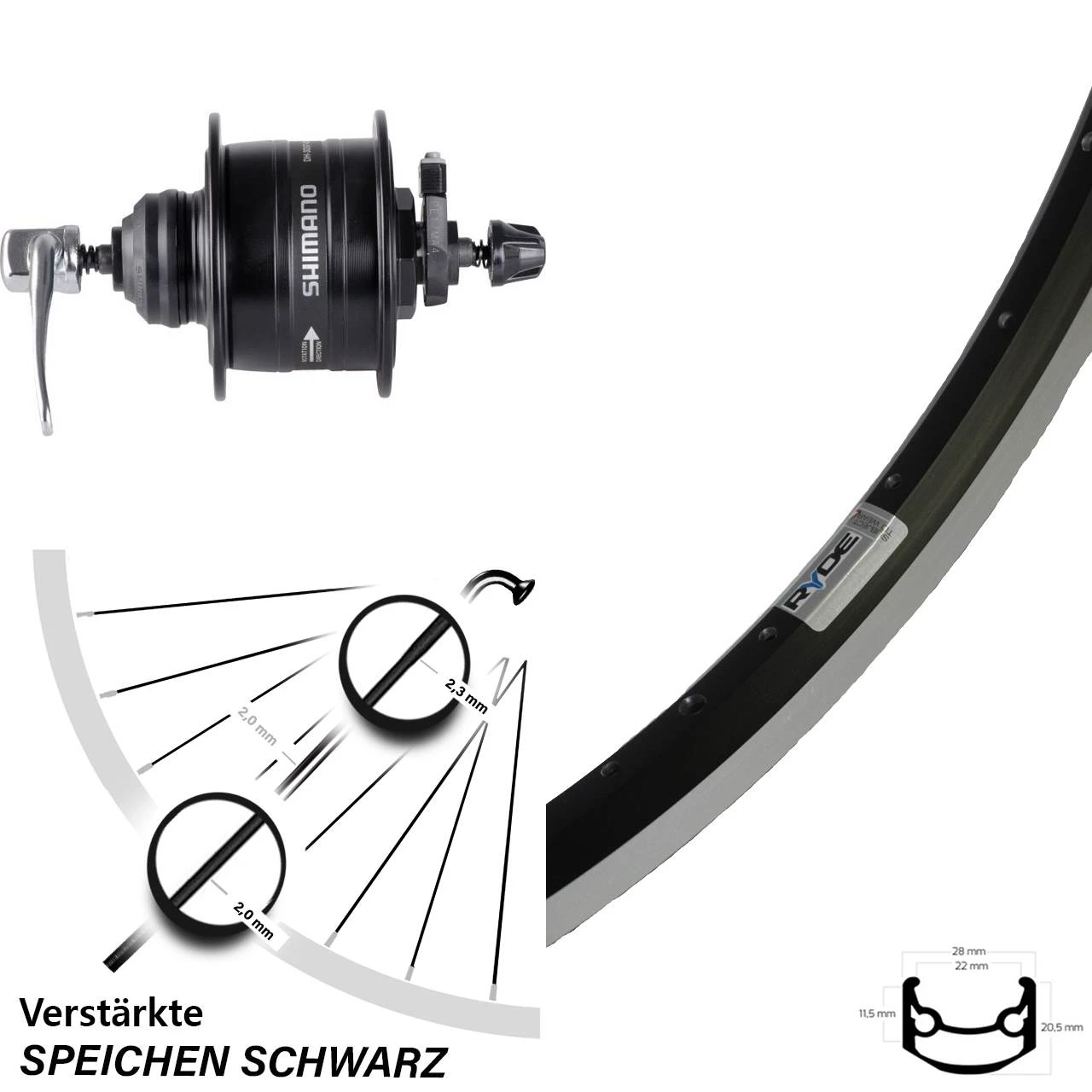 27,5 Zoll Shimano Nabendynamo DH-3D37-QR Disc Centerlock Hohlachse Schwarz Ryde Andra 35 3 27,5 Zoll Shimano Nabendynamo DH-3D37-QR Disc Centerlock Hohlachse Schwarz Ryde Andra 35