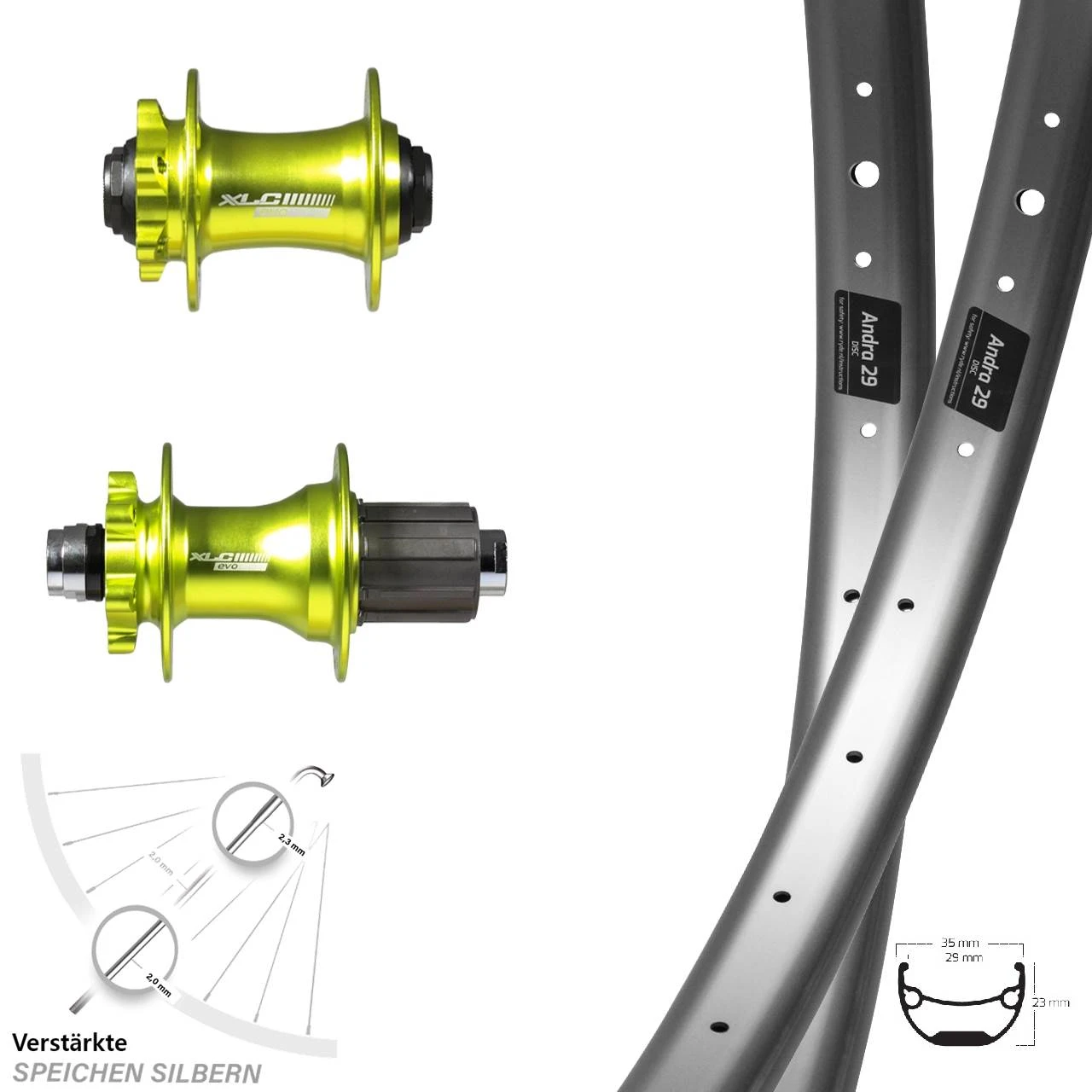 Laufradsatz 29 Zoll Ryde Andra 29 Silber Mit Nabe Grün XLC Evo Steckachse 3 Laufradsatz 29 Zoll Ryde Andra 29 Silber Mit Nabe Grün XLC Evo Steckachse