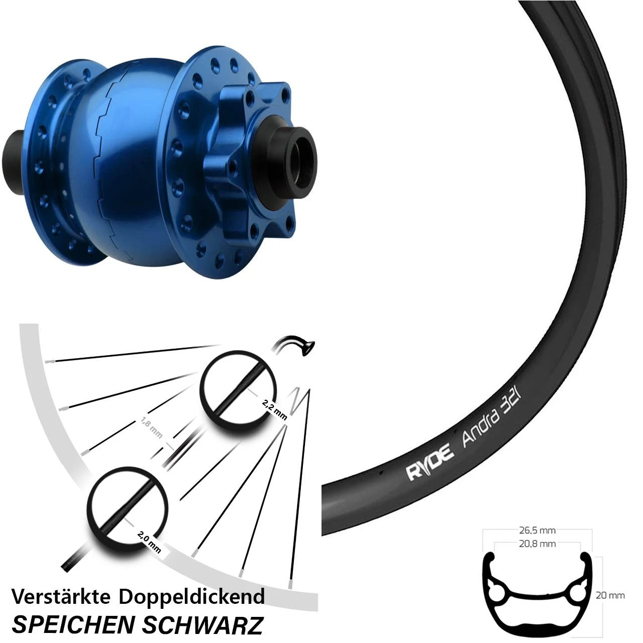 Vorderrad 27,5 Zoll Mit Nabendynamo Son 28-15 Blau Eloxiert Ryde Andra 321 3 Vorderrad 27,5 Zoll Mit Nabendynamo Son 28-15 Blau Eloxiert Ryde Andra 321