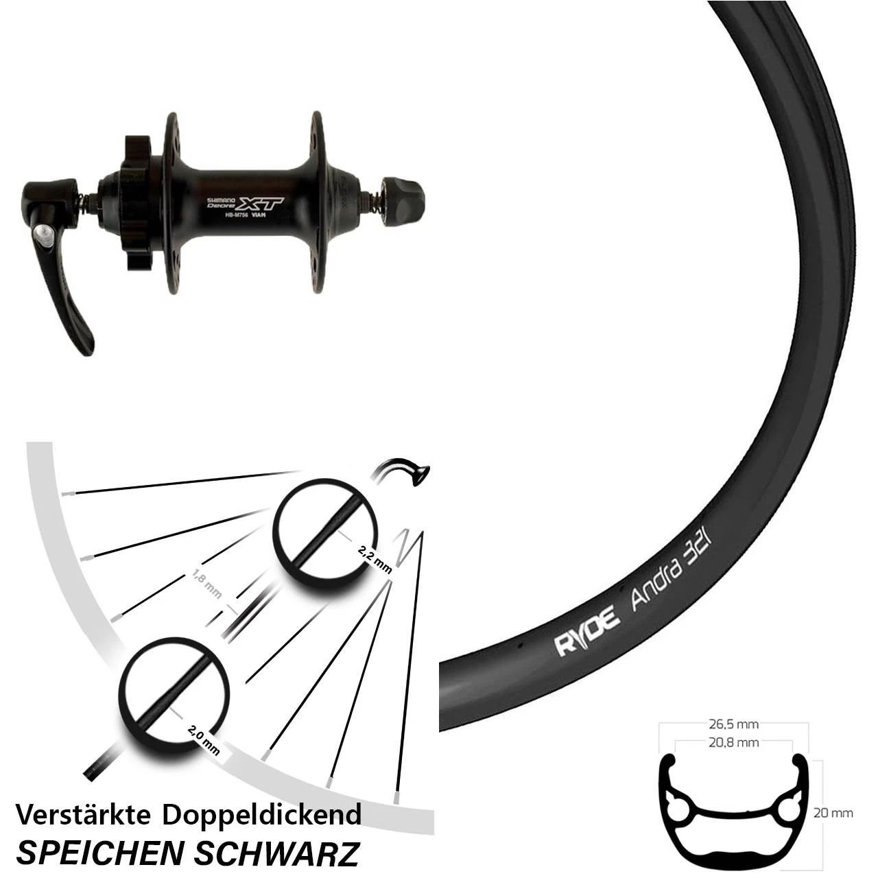 28-29 Zoll Vorderrad 6-Loch Ryde Andra 321 Mit Shimano XT Nabe 3 28-29 Zoll Vorderrad 6-Loch Ryde Andra 321 Mit Shimano XT Nabe