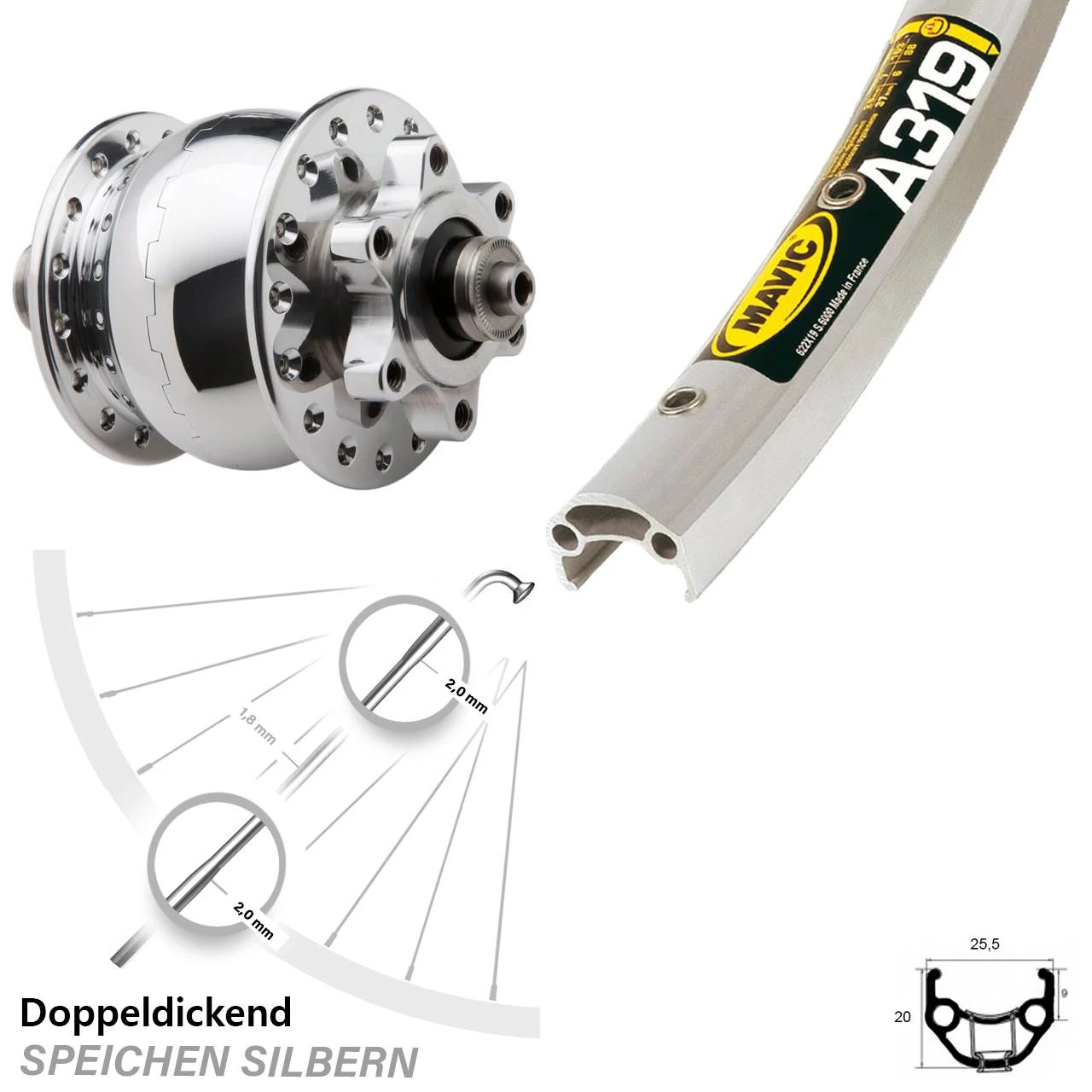 Vorderrad 28 Zoll Mavic A319 Son 28 Silbern Poliert Nabendynamo 6-Loch 3 Vorderrad 28 Zoll Mavic A319 Son 28 Silbern Poliert Nabendynamo 6-Loch