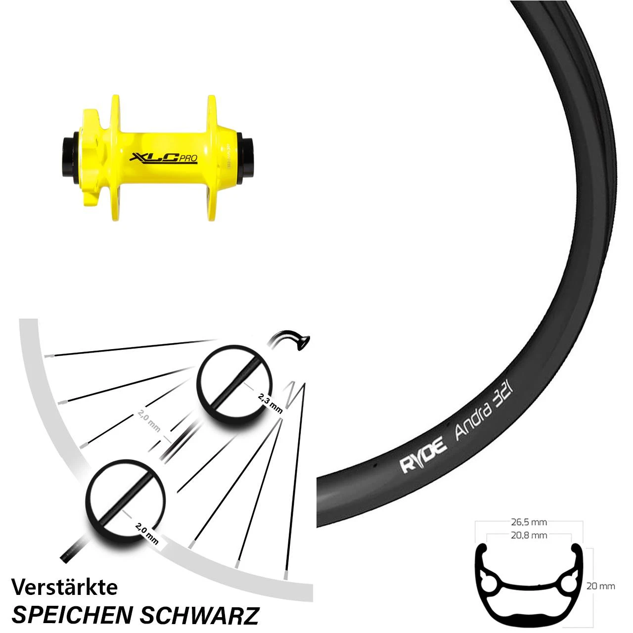 Laufrad 15/100 Mm 28-29 Zoll Ryde Andra 321 Disc 6-loch XLC Pro Gelb Steckachse 3 Laufrad 15/100 Mm 28-29 Zoll Ryde Andra 321 Disc 6-loch XLC Pro Gelb Steckachse