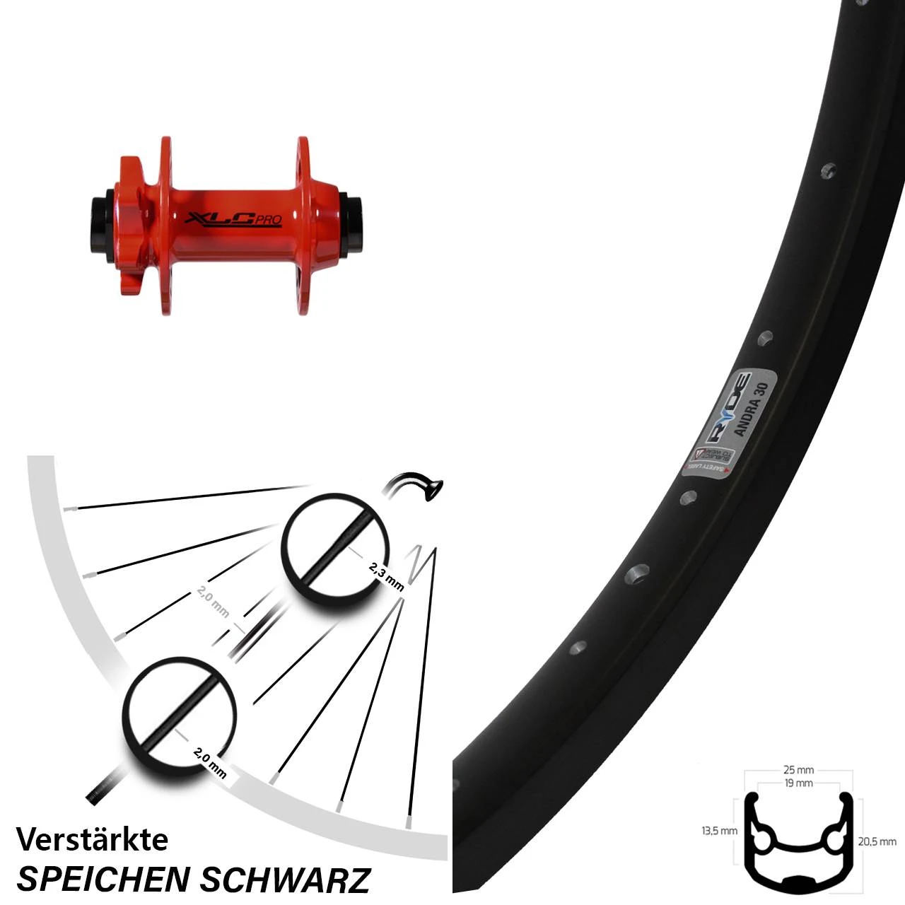 28 Zoll Vorderrad Ryde Andra 30 XLC Pro VR Disc Rot Steckachse 3 28 Zoll Vorderrad Ryde Andra 30 XLC Pro VR Disc Rot Steckachse