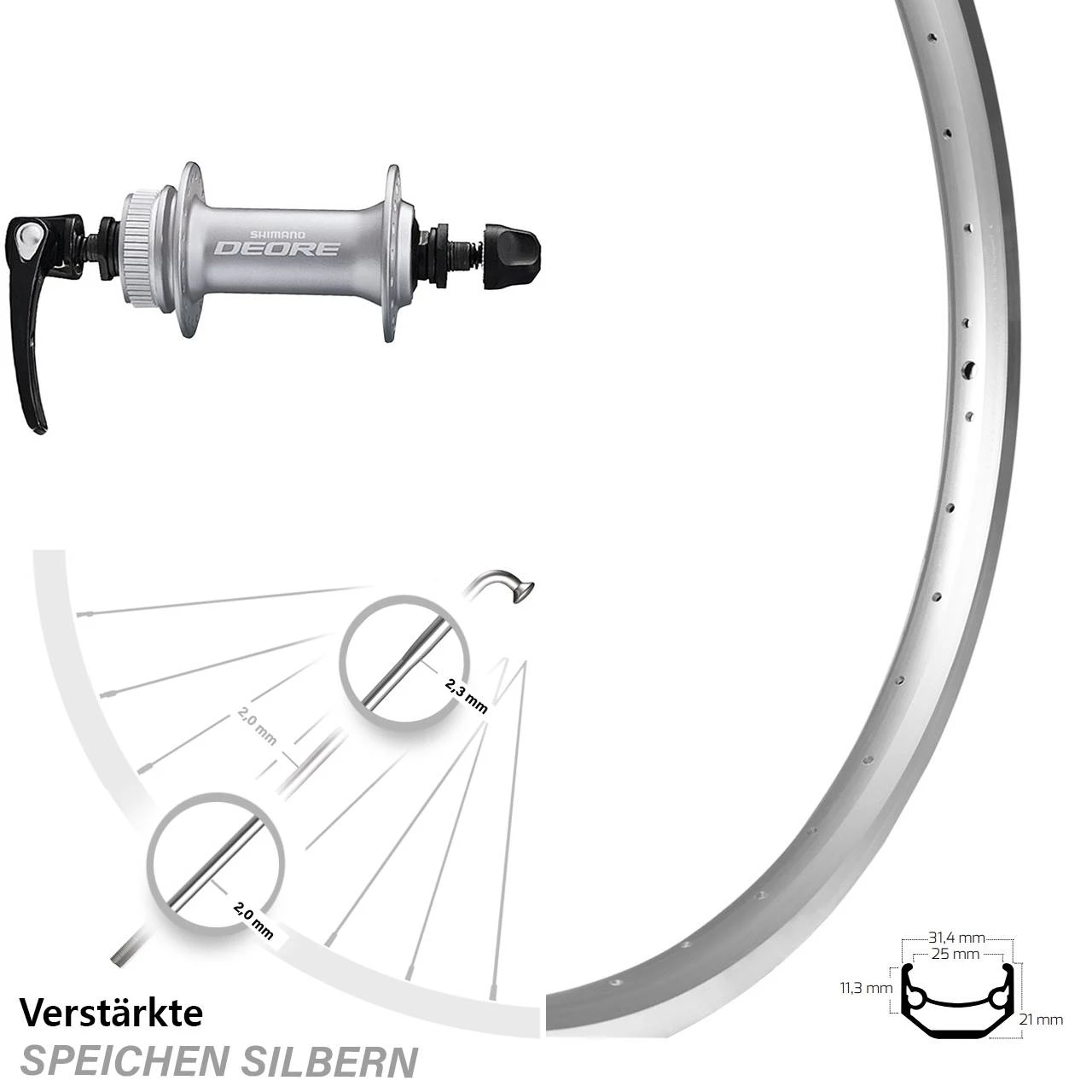 Silbernes 24 Zoll Vorderrad Ryde Andra 40 Mit Shimano Deore HB-M6000 2 Silbernes 24 Zoll Vorderrad Ryde Andra 40 Mit Shimano Deore HB-M6000
