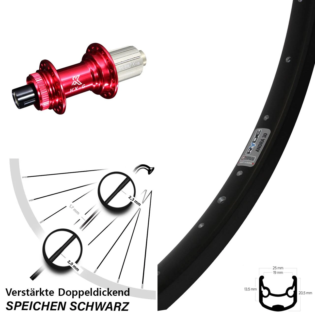 Ryde Andra 30 Disc Hinterrad 26 Zoll Mit KX-G Rot 12x142 Mm 11-fach Nabe 3 Ryde Andra 30 Disc Hinterrad 26 Zoll Mit KX-G Rot 12x142 Mm 11-fach Nabe